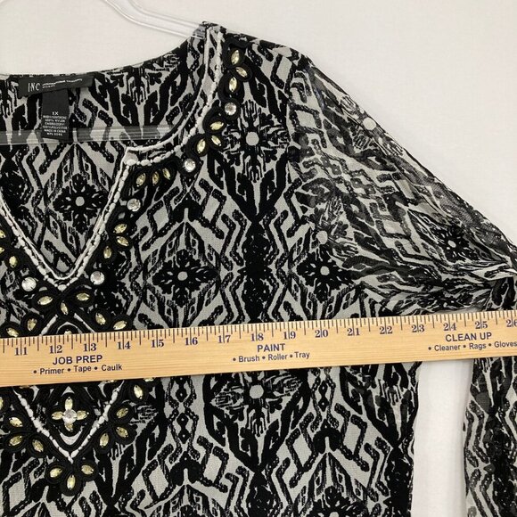 INC International Concepts 1X Black White Artsy Mesh Stretch Embellished Blouse - Picture 6 of 11